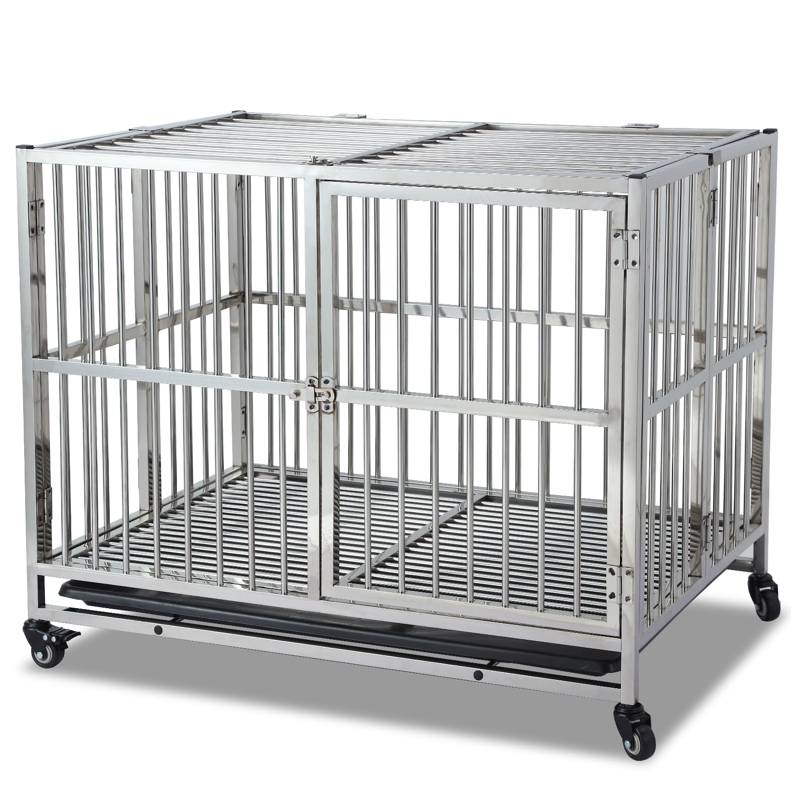 US GARVEE 38 Inch Heavy Duty Dog Crate with Wheels Full Stainless Steel Double Door Removable Tray