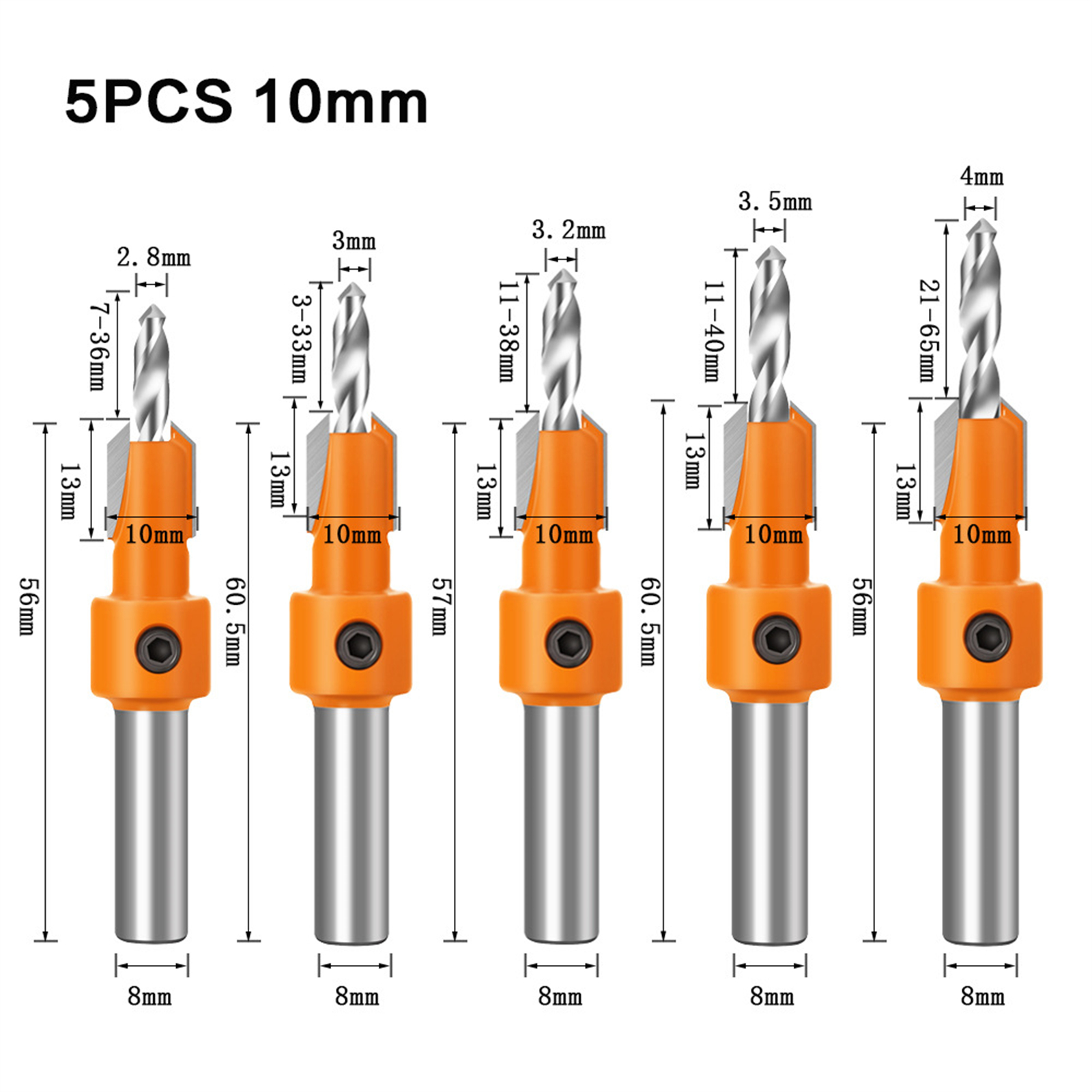 5pcs Countersink Drill Bit Set With 8/10mm Shank Heavy Duty Construction Woodworking Tool