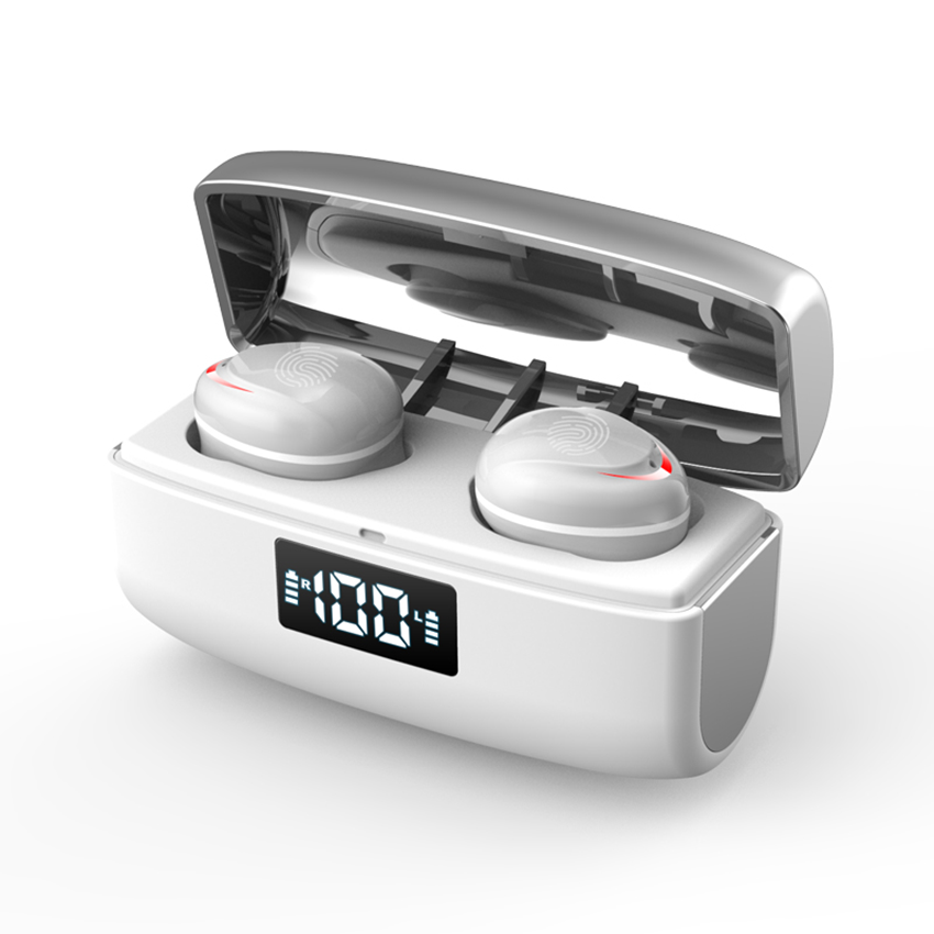 Tws Bluetooth  Headset Binaural Digital Display Touch Noise Reduction Mini Wireless Headphone Silver white