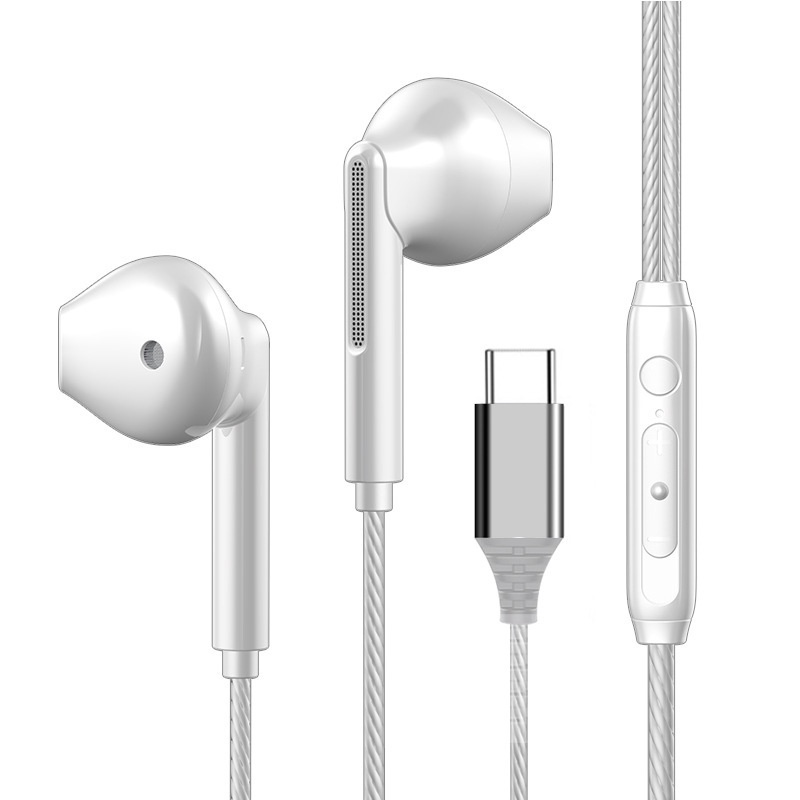 Portable Wired  Headset Heavy Bass Low Latency Excellent Sound Quality Built-in High-definition Microphone In-ear Wired Earphones TYP-C white