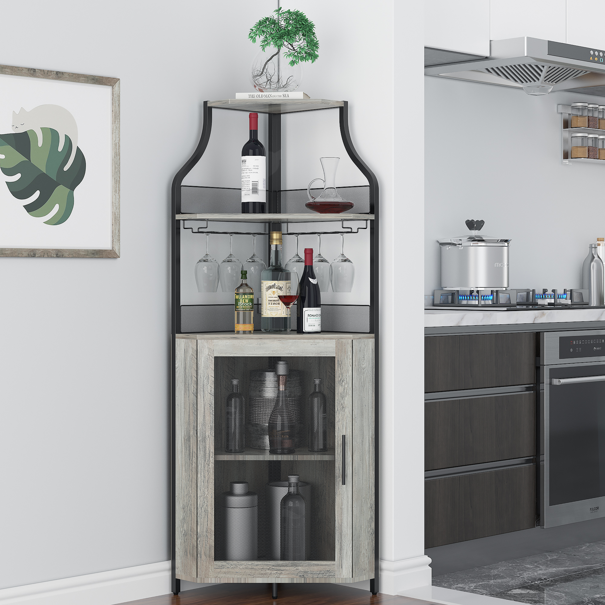 US GARVEE Industrial Corner Wine Cabinet, Removable Rack & Glass Holder