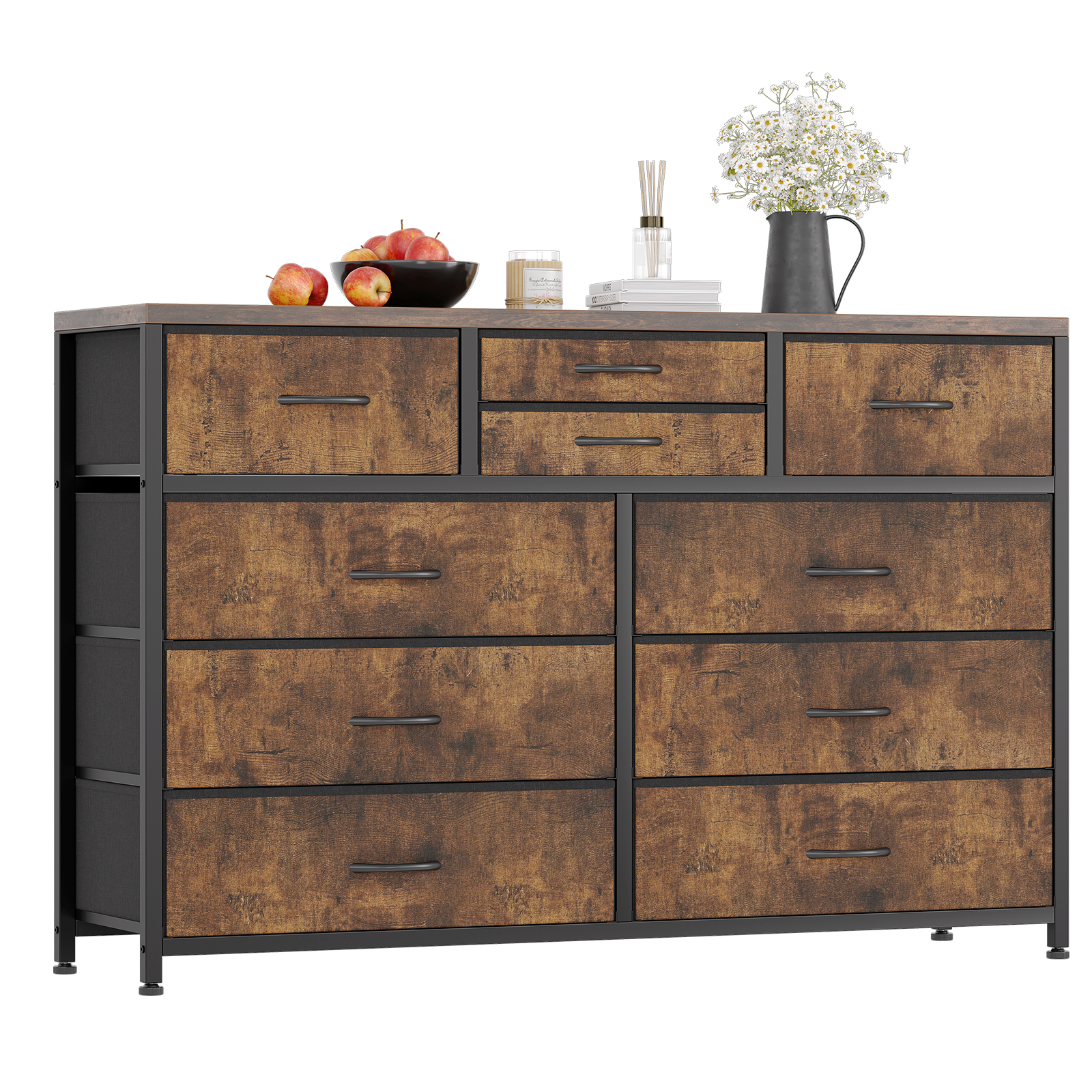 US GARVEE Wide 10 Drawer Dresser,TV Stand Entertainment Center Fabric Storage Dressers Drawers for Bedroom, Hallway, Nursery, Closets, Steel Frame, Wood Top (RUSTIC)