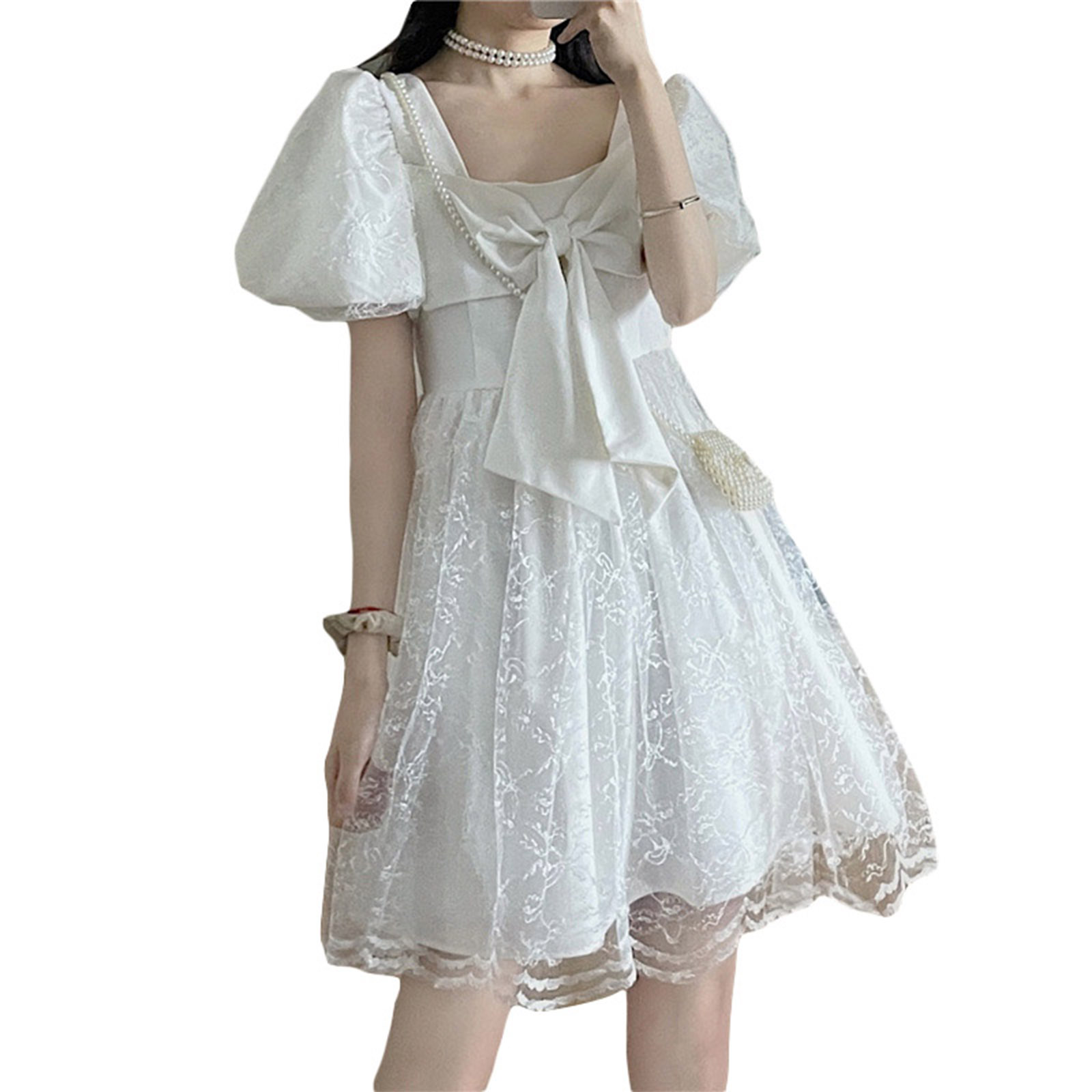 Summer Princess Dress For Women Sweet Lace Mesh Bowknot Short Dress Short Sleeves Solid Color A-line Skirt SJ336 white M