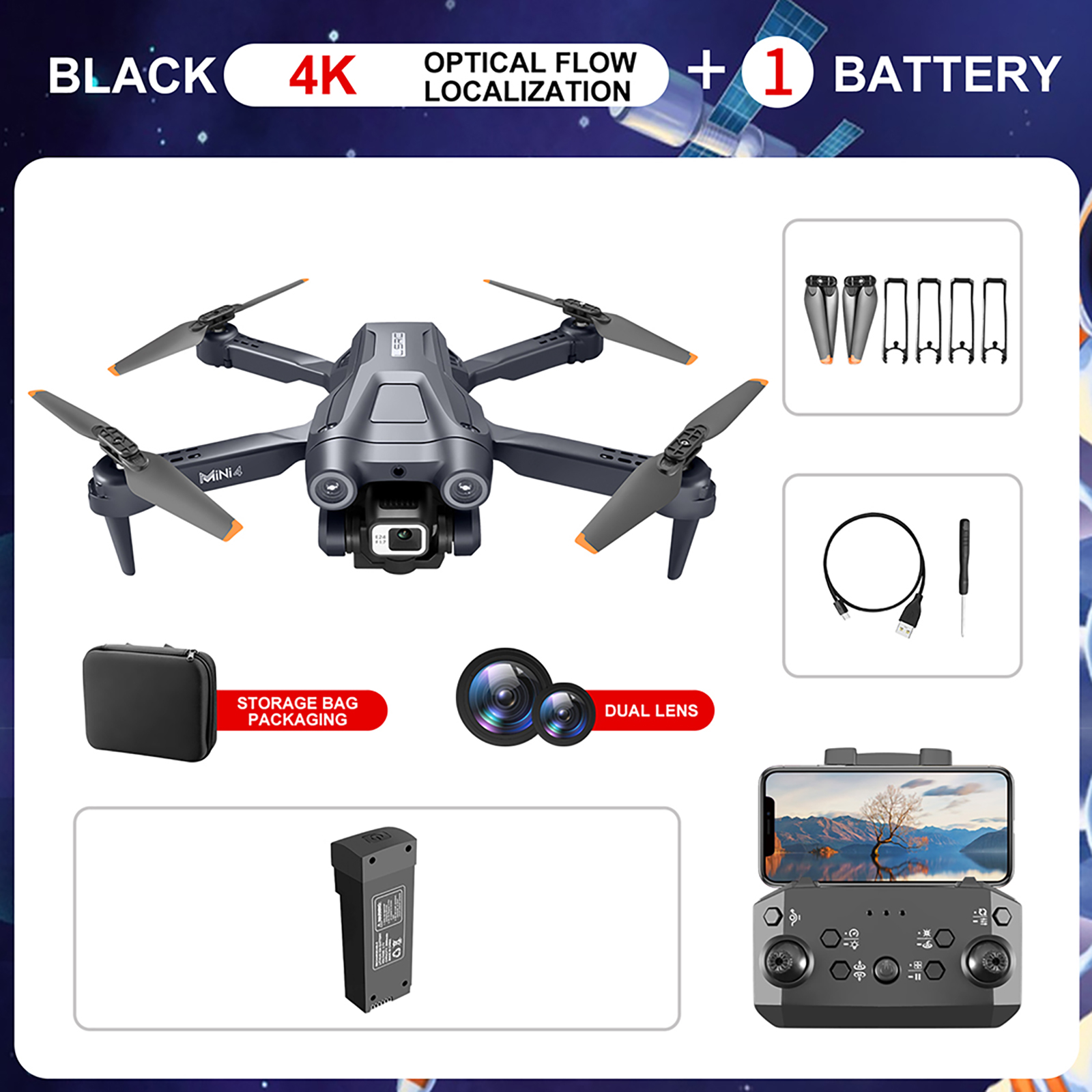 Game-Changer Foldable Mini 4 RC Drone with 4k HD Camera, Wifi, Optical Flow Positioning, Obstacle Avoidance - Black (1 Battery)