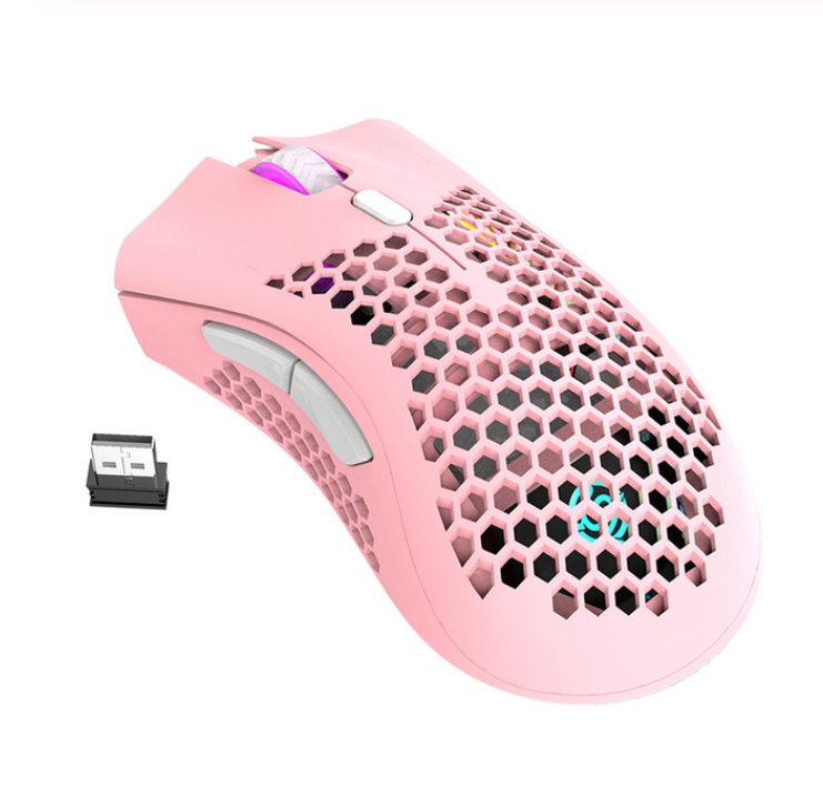 2.4GHz Wireless Mouse USB Rechargeable 1600DPI Adjustable Hollow Out Honeycomb RGB Optical Mouse Gamer Mice Pink