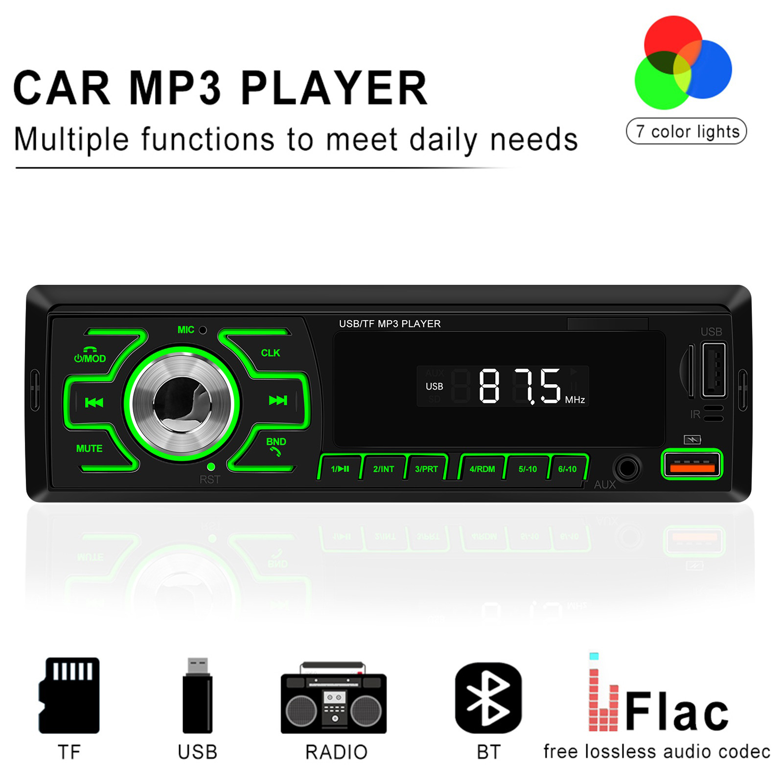 D3100 Car Radio Single DIN Car Stereo Audio Systems MP3 Player With Handsfree Calling/FM/USB Charge/TF/AUX/EQ black