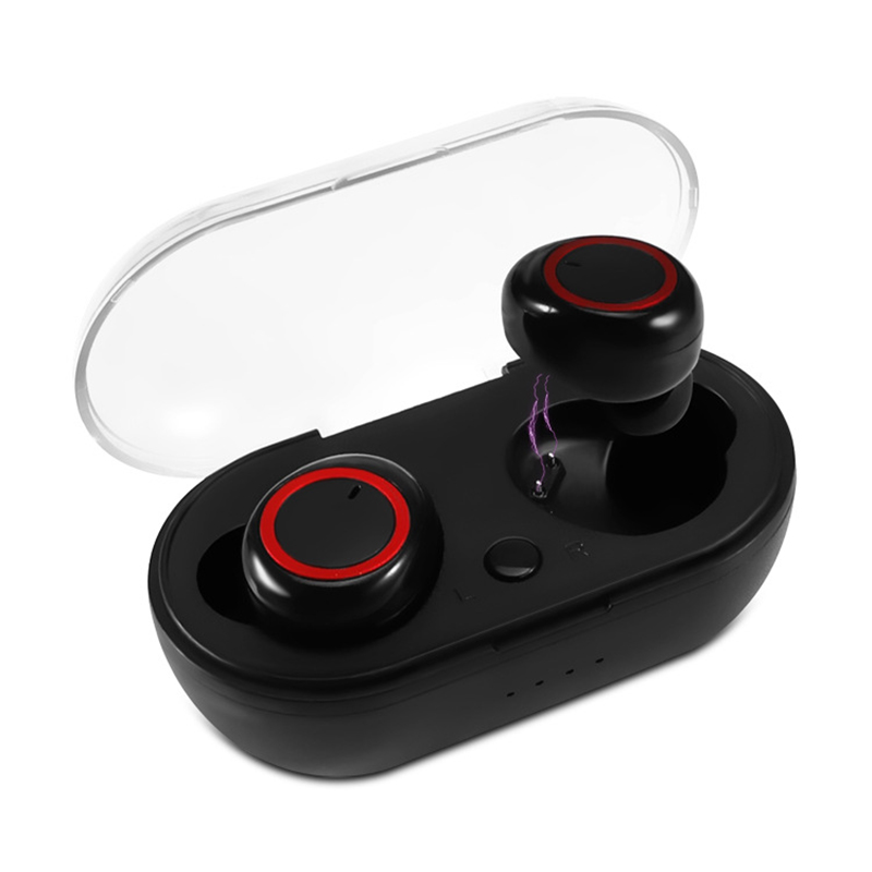 TWS Wireless Earphone Mobile Phone Bluetooth 5.0 Multi-function Sports Headphone Touch Control Earbuds Black red circle