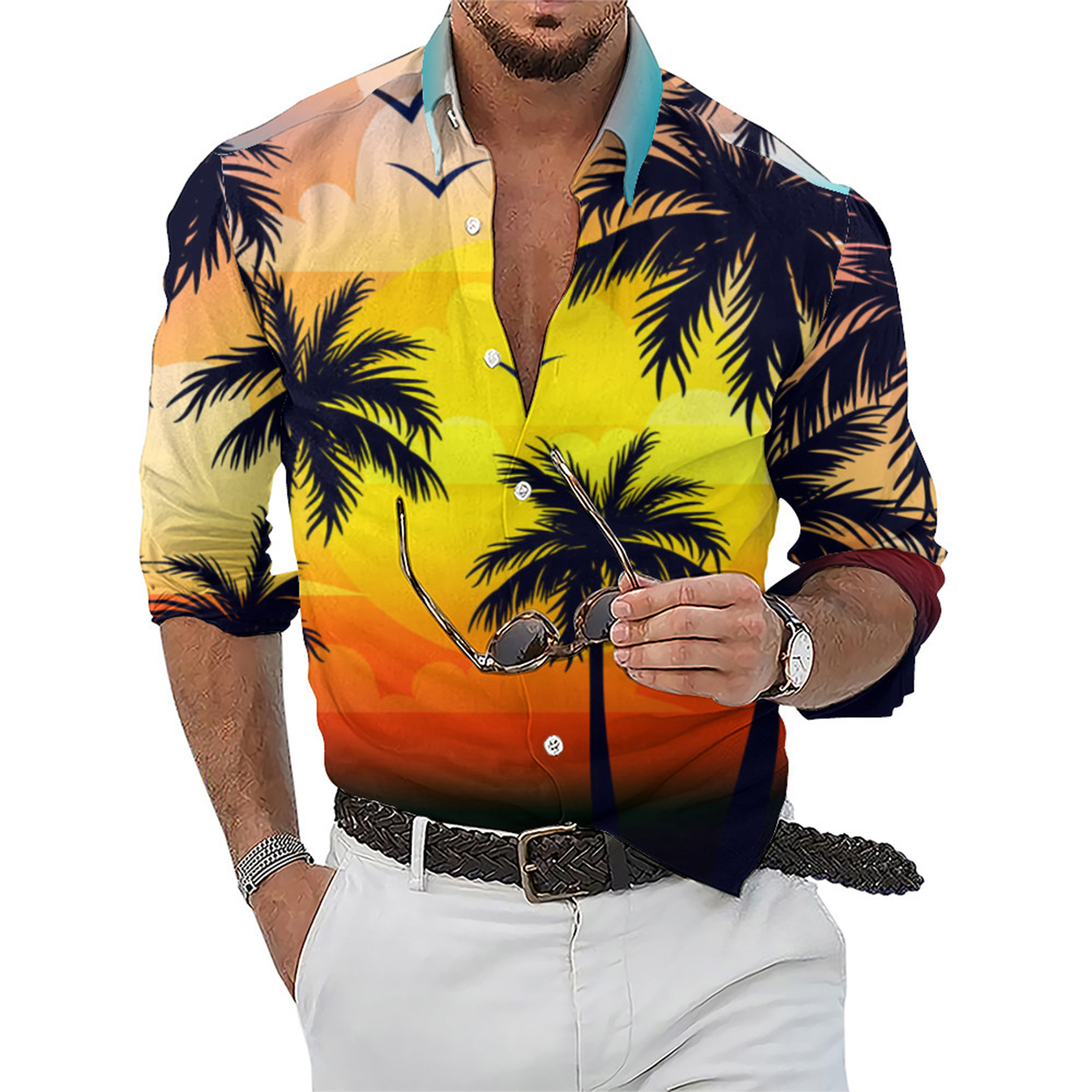 Men Beach T-shirt Long Sleeve Lapel Cardigan Tops Trendy 3d Coconut Printing Casual Breathable Shirt