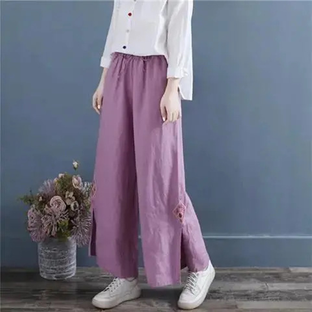 Women Retro Embroidery Wide-leg Pants Cotton Linen High Waist Solid Color Slit Casual Large Size Trousers pink L