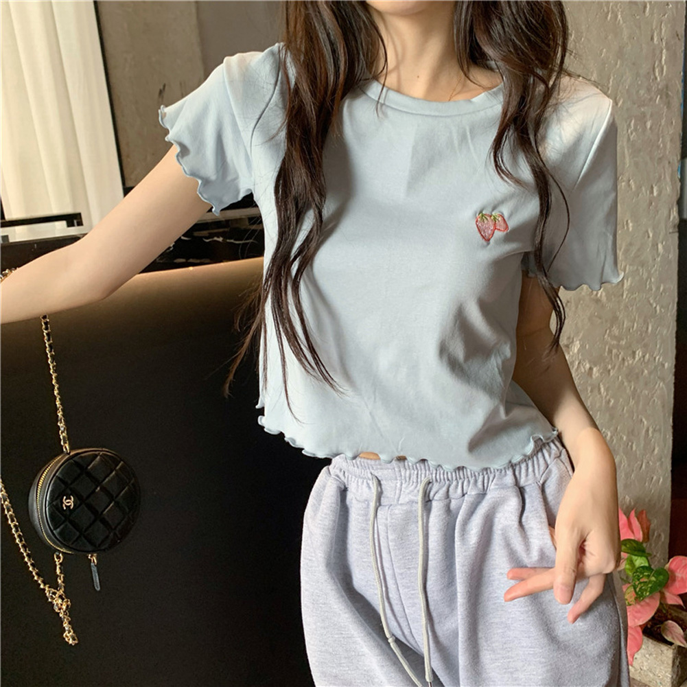 Women Short Sleeves Blouse Trendy Round Neck Sweet Embroidered Ruffled T-shirt Sexy Slim Fit Crop Tops fog blue L