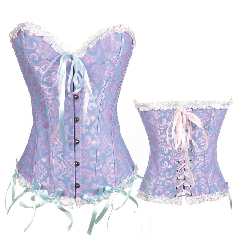 Women Corset Bustier Lingerie Bodyshaper Top Sexy Vintage Lace-up Boned Overbust Strapless Corset Tops blue XXXL
