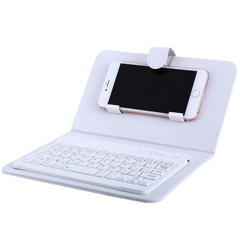 Portable PU Leather Wireless Keyboard Case for iPhone with Bluetooth Keyboard for 4.2-6.8 Inch Phones  White_Bluetooth keyboard + leather case