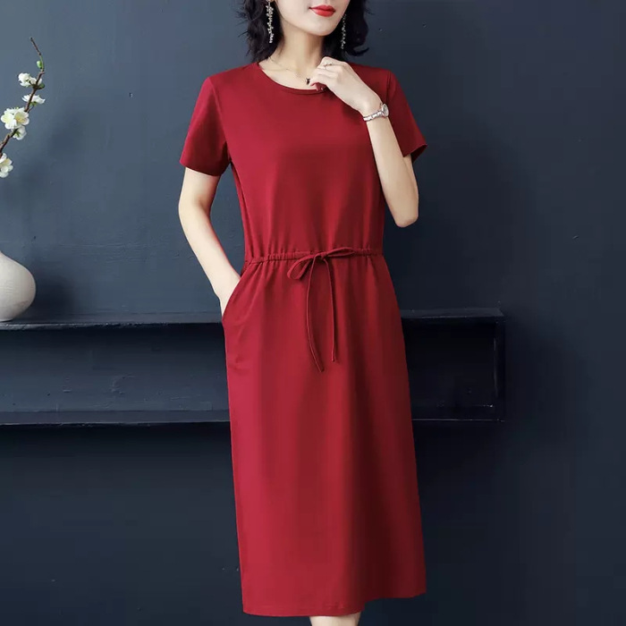 Women Summer Round Neck Short Sleeves Dress With Pocket Elegant Lace-up Solid Color Large Size Midi Skirt red 3XL