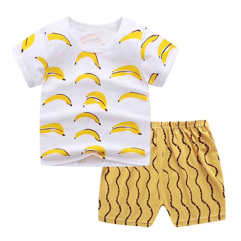 2pcs Children Cotton Home Wear Suit Short Sleeves T-shirt Shorts Two-piece Set For Boys Girls bananas 100cm