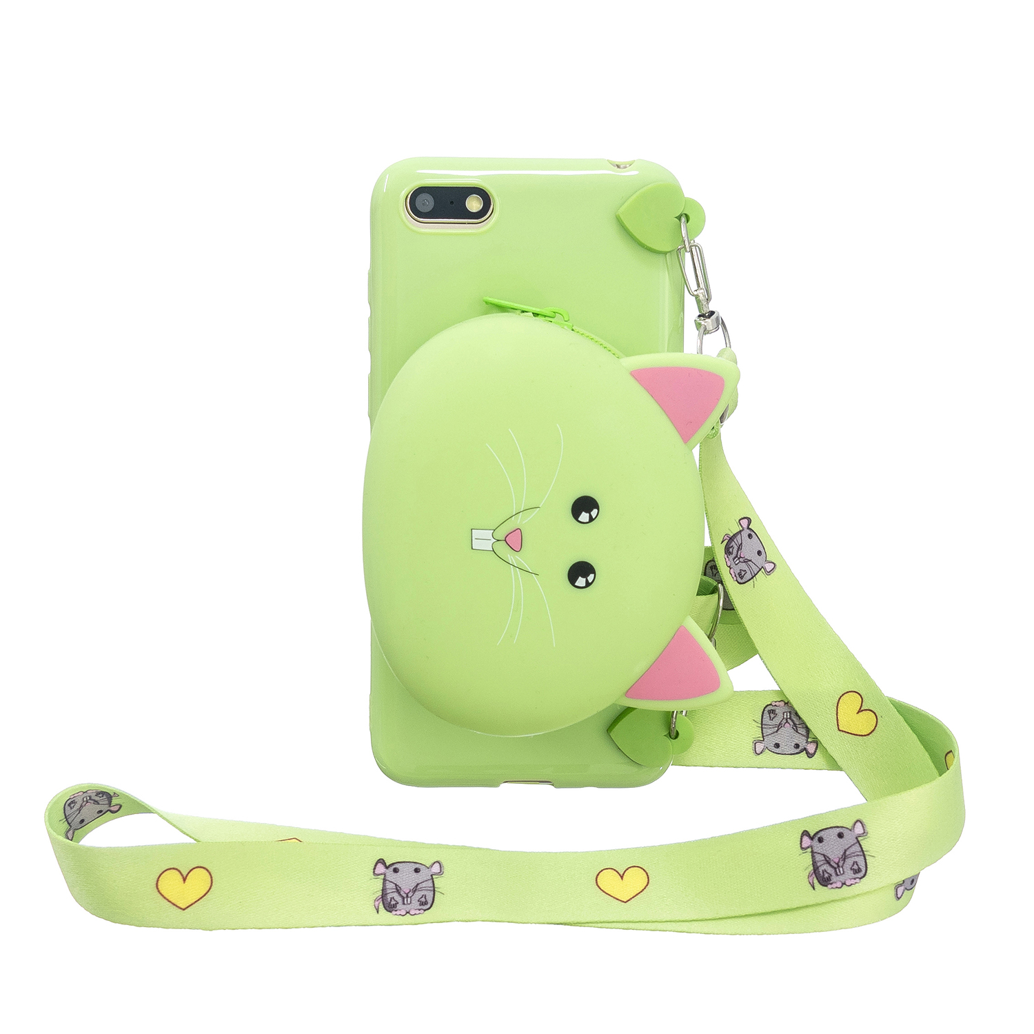 For HUAWEI Y5 2018/Y5 2019 Cellphone Case Mobile Phone Shell Shockproof TPU Cover with Cartoon Cat Pig Panda Coin Purse Lovely Shoulder Starp  Green