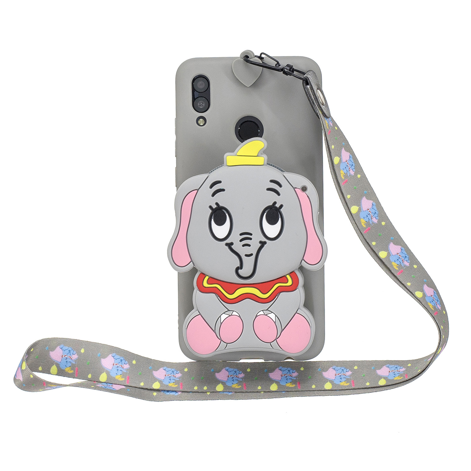For HUAWEI Y6 2019 Y7 2019 Y9 2019 Cartoon Full Protective TPU Mobile Phone Cover with Mini Coin Purse+Cartoon Hanging Lanyard 8 grey elephant