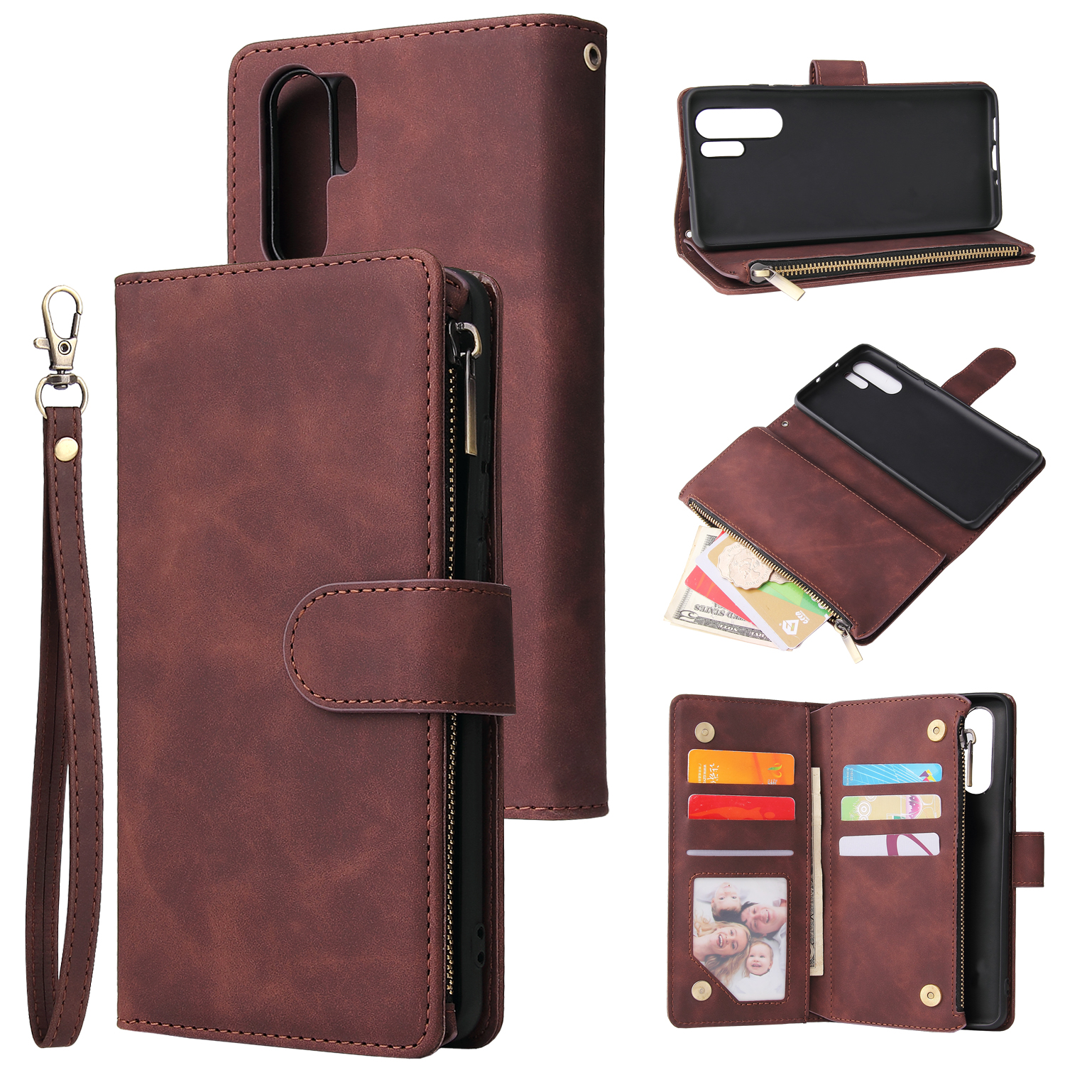 For HUAWEI P30 HUAWEI P30 lite HUAWEI P30 pro Multi-card Bracket Coin Wallet Zipper Mobile Phone PU Leather Phone Case  3 brown