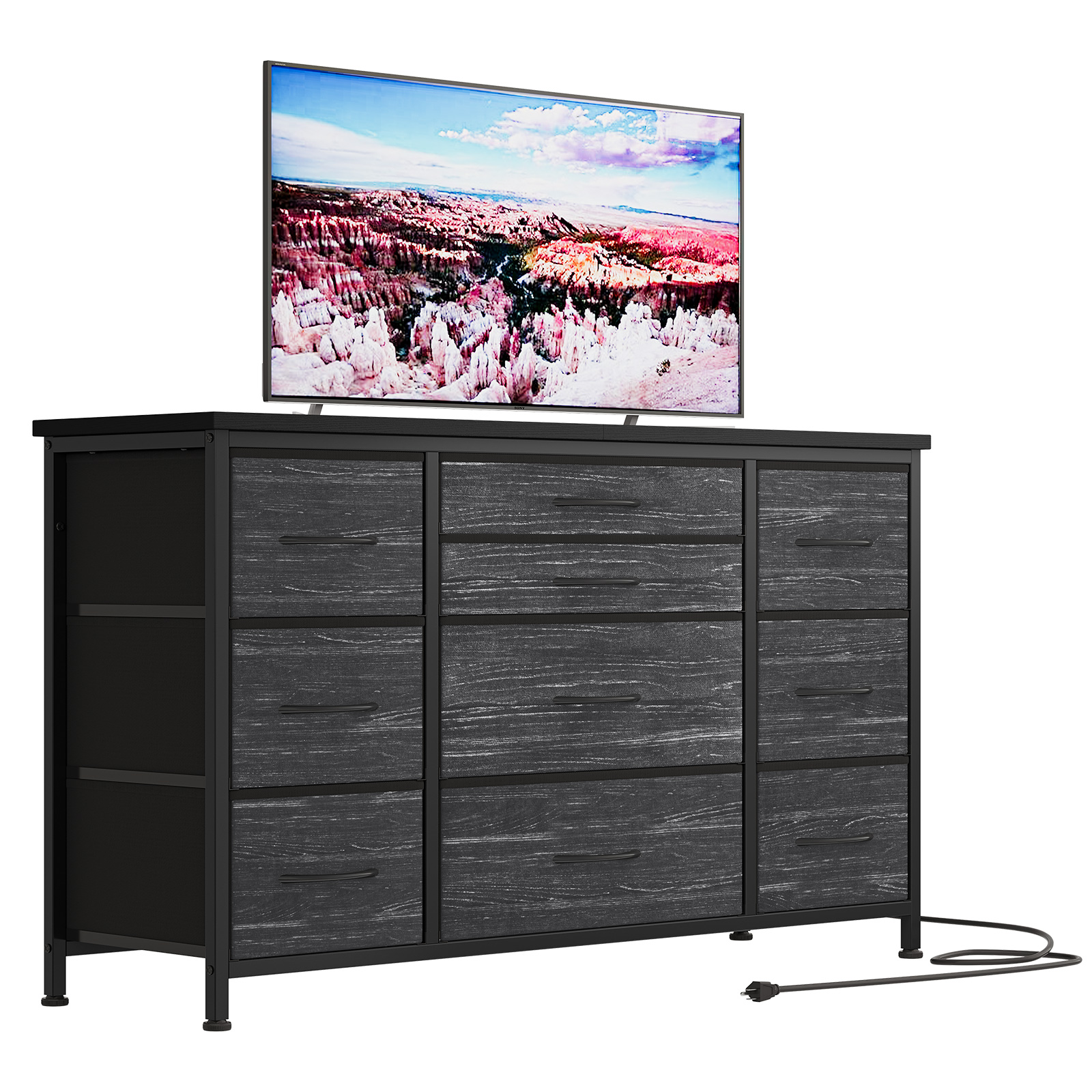 US GARVEE Wide Dresser with 10 Large Drawers, 55'' TV Stand, Power Outlet, Sturdy Metal Frame, Storage for Bedroom, Living Room