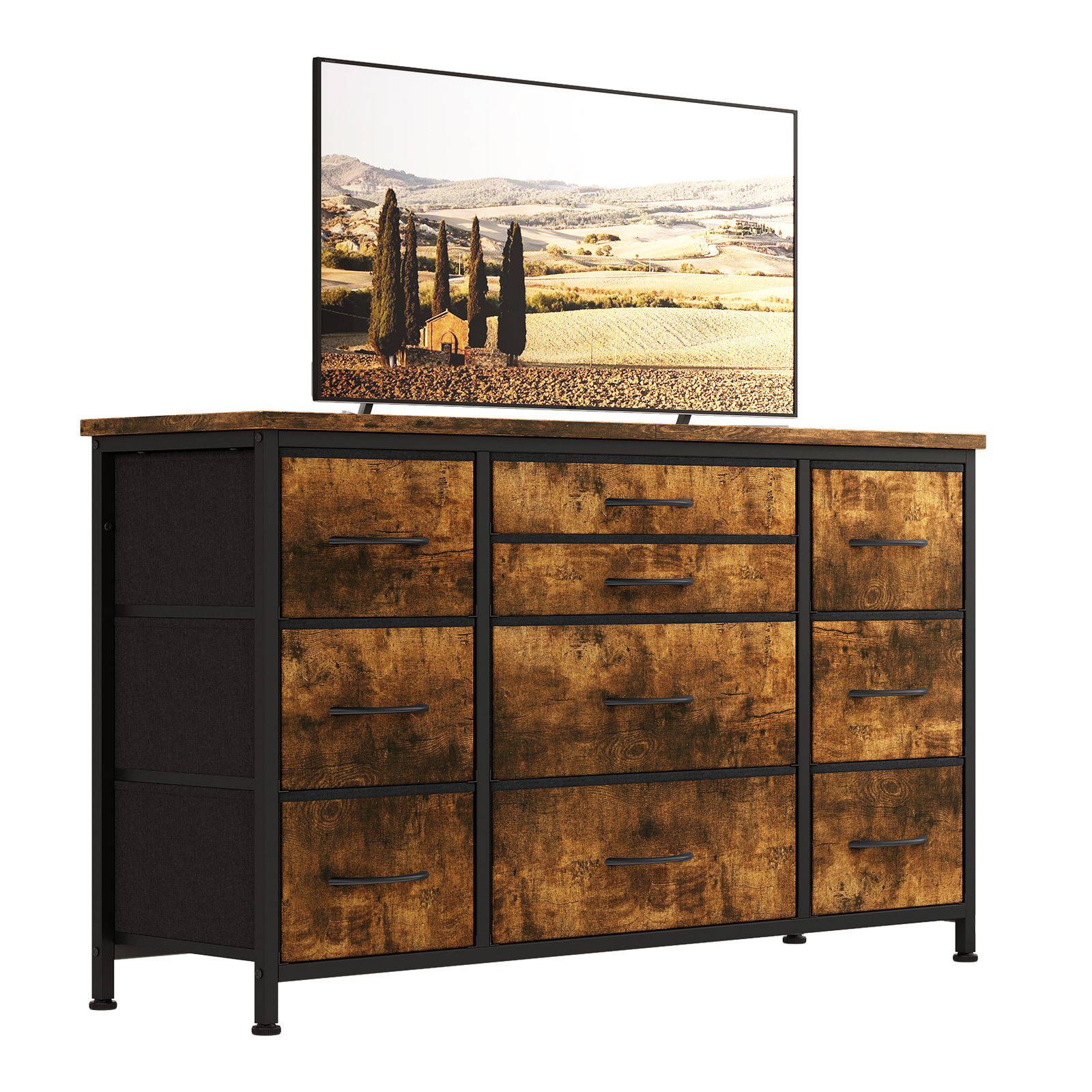 US GARVEE 10 Drawers Dresser TV Stand with Power Outlet for 55'' Long TV Stand, Wide Dresser Console Table for Storage Entertainment Center in Closet, Living Room, Entryway, Wood Top - Rustic Brown
