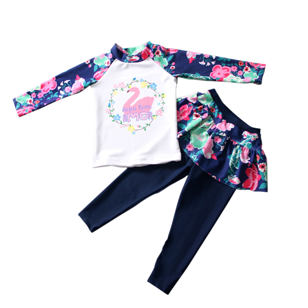 Kids Girls Cartoon Printing Quick Dry Long Sleeve Top Pants Muslim Swimwear Set Navy blue_XXXL