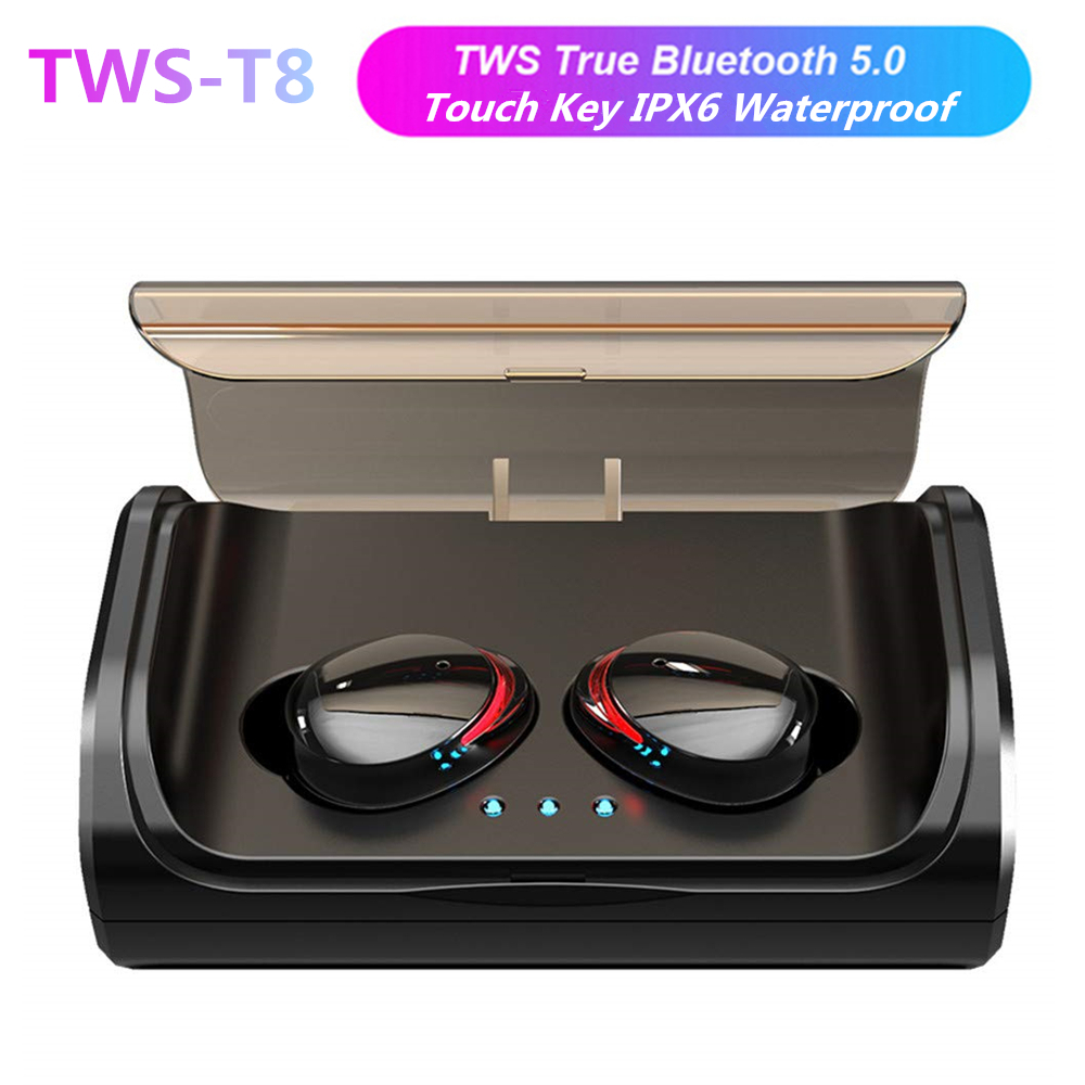 TWS-T8 Bluetooth 5.0 Sport Headset Wireless Bluetooth Earphones IPX7 Waterproof HIFI Sport Stereo Headset for Smartphone black