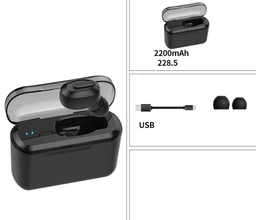 Wireless Bluetooth Stereo Earphone In-Ear Invisible Portable Headsets  2200 mAh charging bin + black headphones