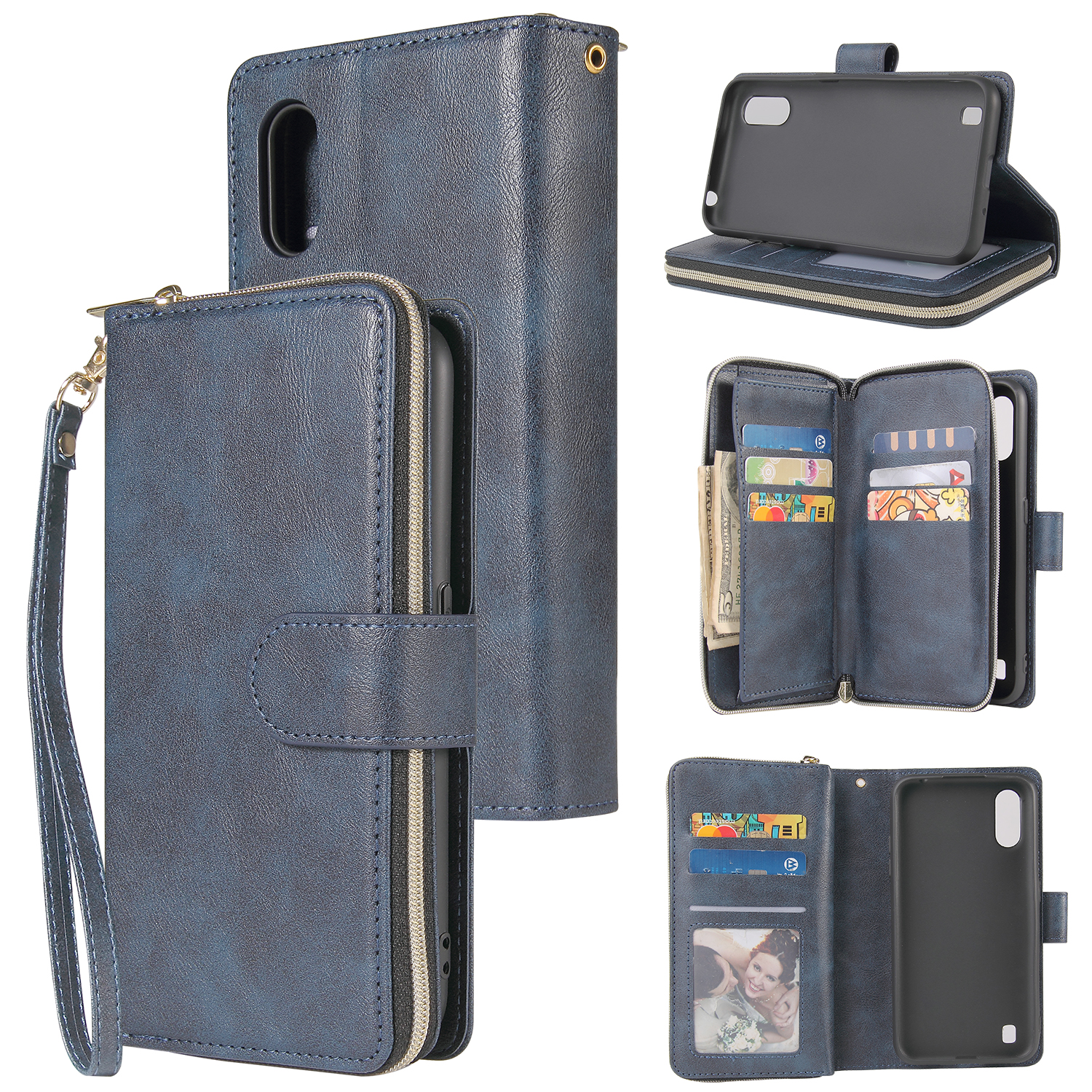 For Samsung A01/A21/A31/A41/A51 Pu Leather  Mobile Phone Cover Zipper Card Bag + Wrist Strap blue