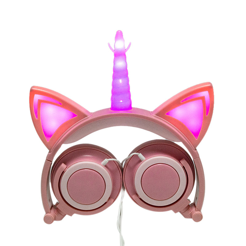 Cute Kids Cat Ear Headphones Wired Adjustable for Boys Girls Tablet Kids Headband Earphone Foldable Over On Ear Game Headset  Golden pink