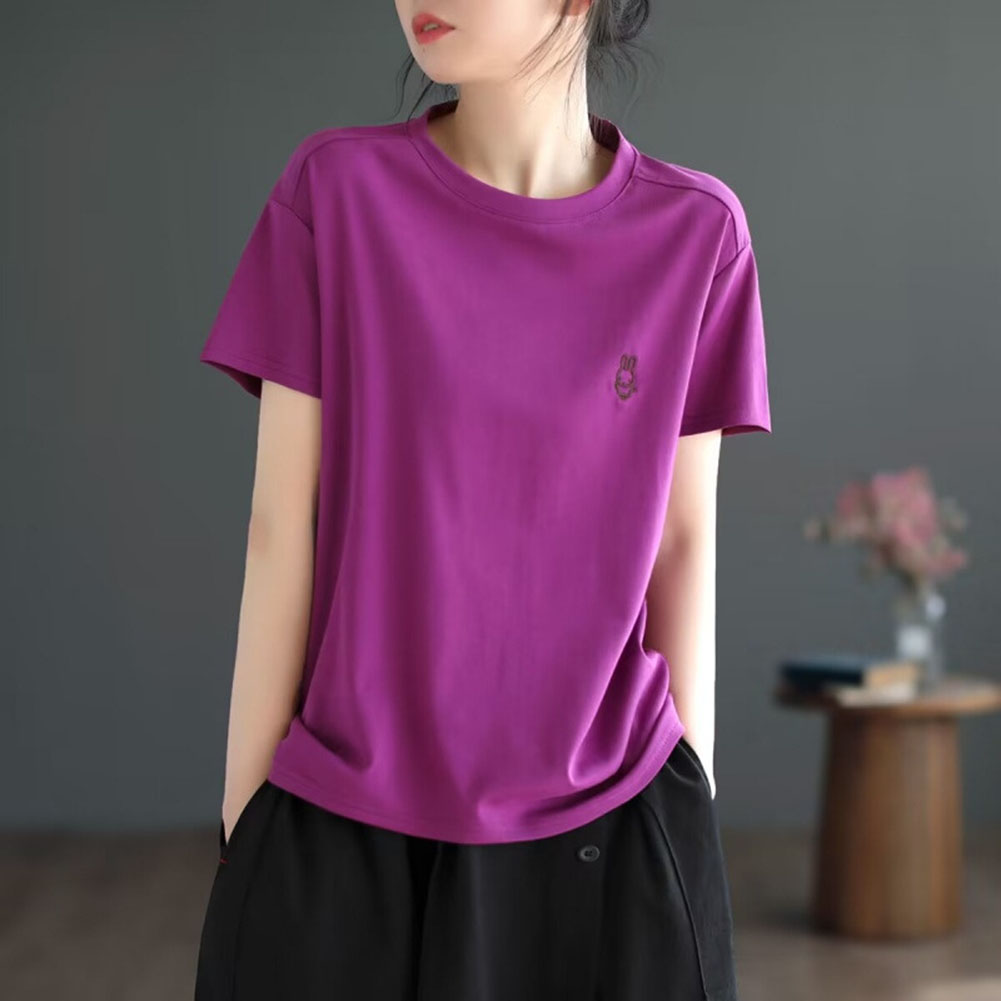 Women Round Neck Short Sleeves T-shirt Cute Embroidered Bunny Casual Tops Simple Solid Color Loose Blouse Purple M