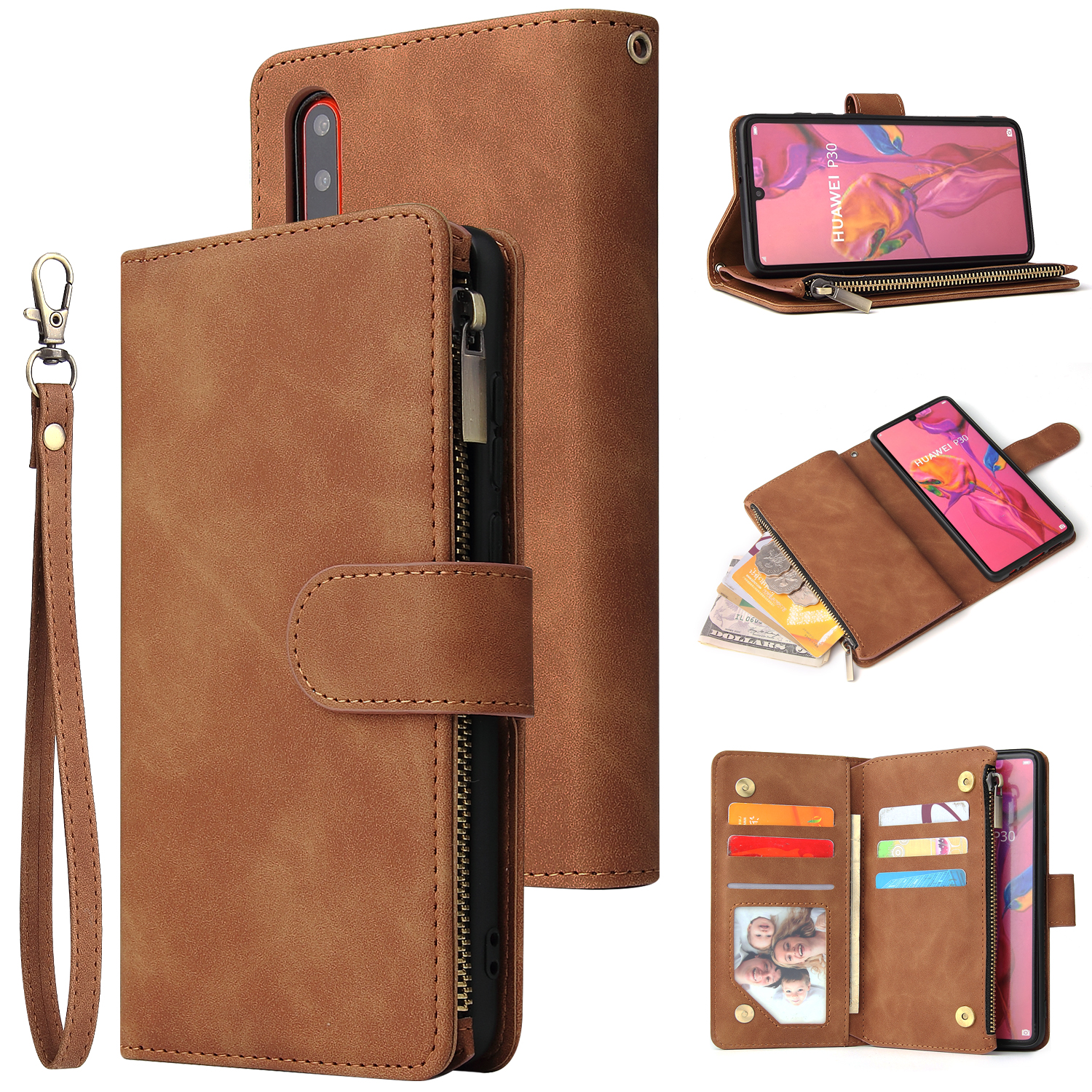 For HUAWEI P30 HUAWEI P30 lite HUAWEI P30 pro Multi-card Bracket Coin Wallet Zipper Mobile Phone PU Leather Phone Case  4 brown