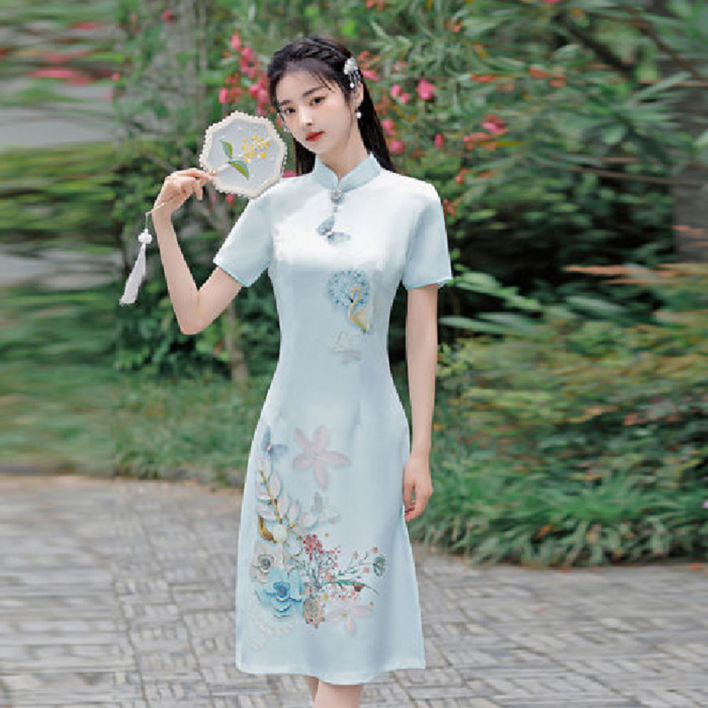Retro Cheongsam Dress For Women Fashion Chinese Style Printing Stand Collar A-line Skirt Short Sleeves Midi Skirt blue XL