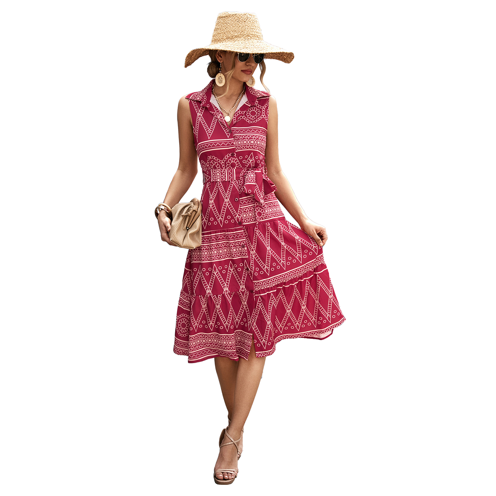 Women Summer Dress Fashion Retro Printing Sleeveless Long Skirt Casual Lapel Breathable A-line Skirt red L