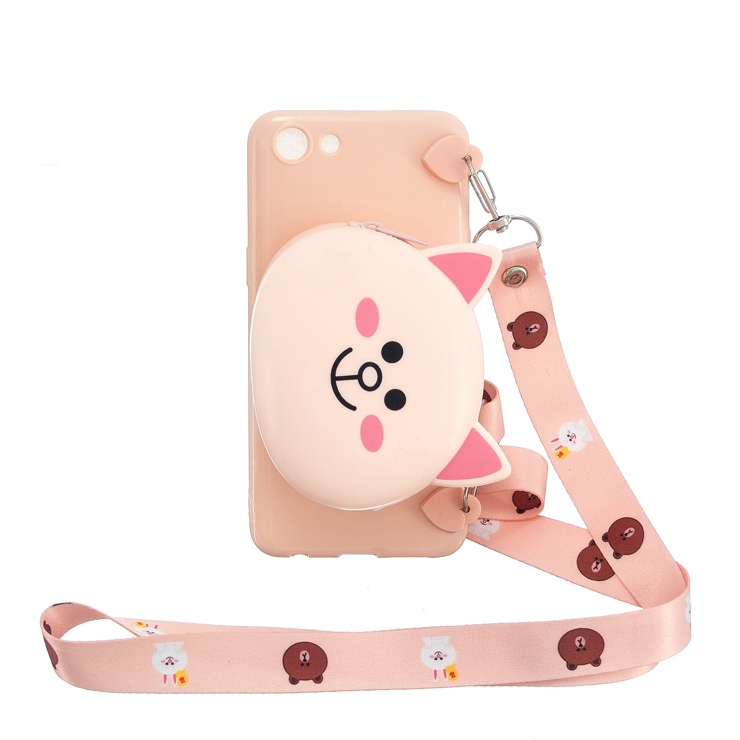 For OPPO A83/A9 2020 Cellphone Case Mobile Phone TPU Shell Shockproof Cover with Cartoon Cat Pig Panda Coin Purse Lovely Shoulder Starp  Pink