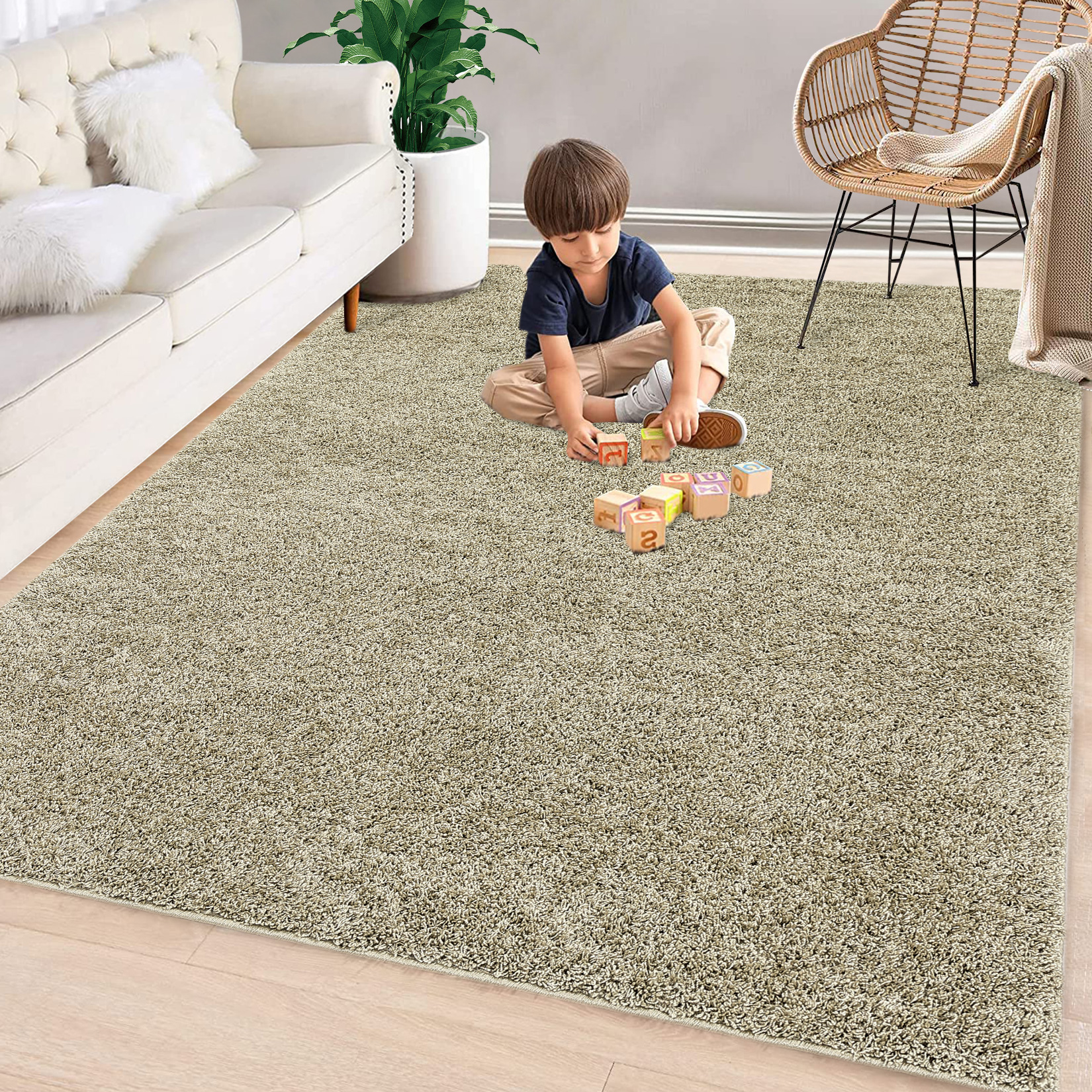 US GARVEE Area Rug 8x10 Shag Rug Large Shaggy Living Room Rug Soft Thick Bedroom Carpet Indoor Modern Solid Throw Rug Non Slip Non Shed Decor Mat Dining Room Kitchen Nursery Stain Resistant Rug,Natural