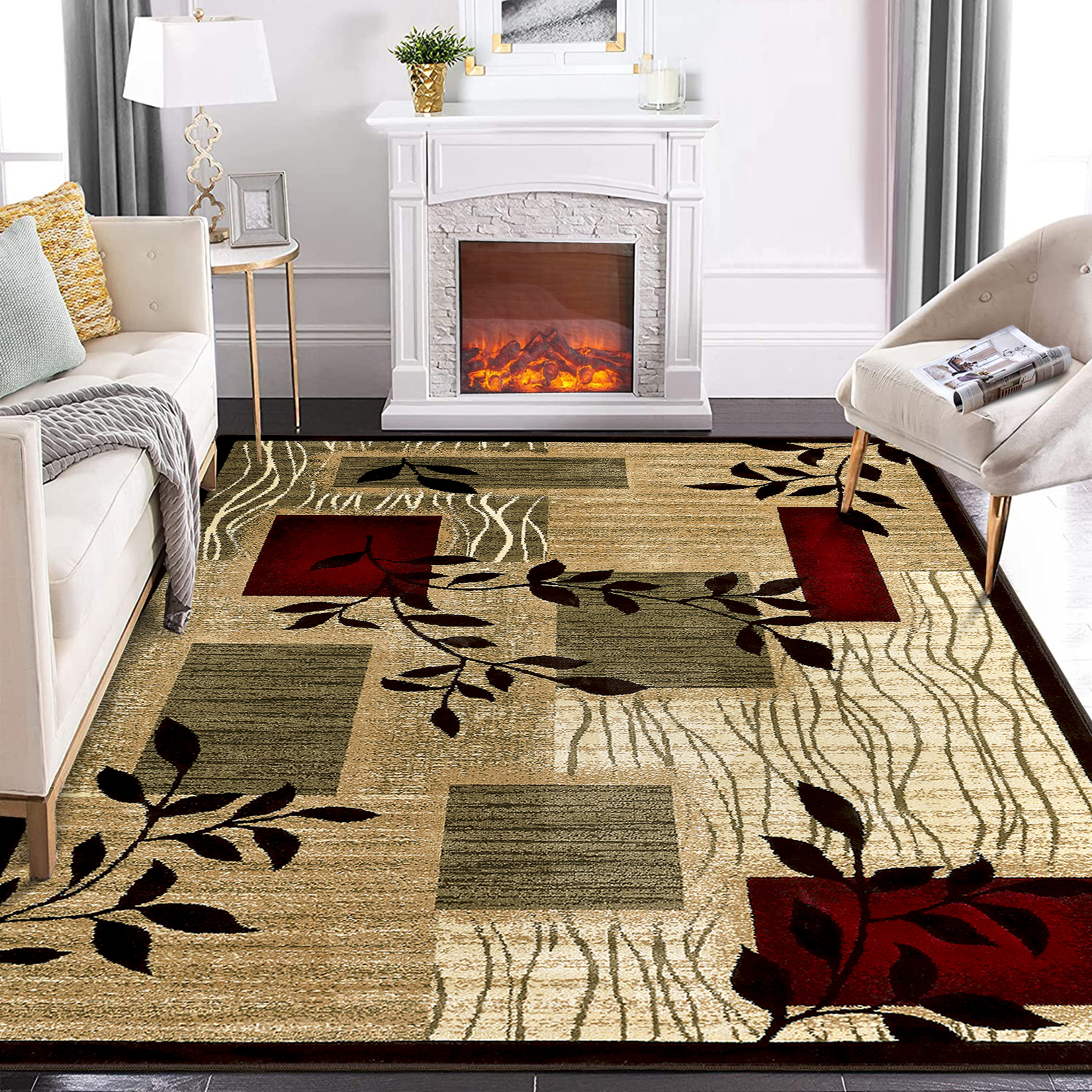 US GARVEE Area Rug 8x10 Bohemian Area Rug Plush Thick Rug Geometric Floral Rug Thick Durable Stain-Resistant Rug Dining Office Mat Non-Shedding Carpet for Bedroom Nursery Basement Decor