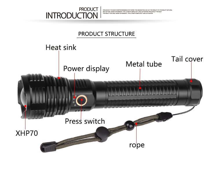 XHP70 LED Flashlight USB Rechargeable Zoomable Torch Lamp for Outdoor Camping 1915A: Long P70+USB cable