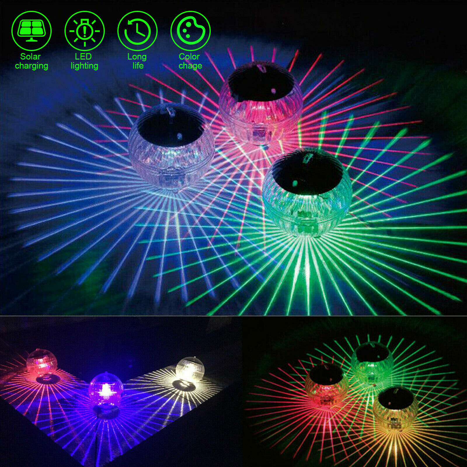 Outdoor Solar Led Floating Light Garden Pond Pool Lamp Rotating RGB Light