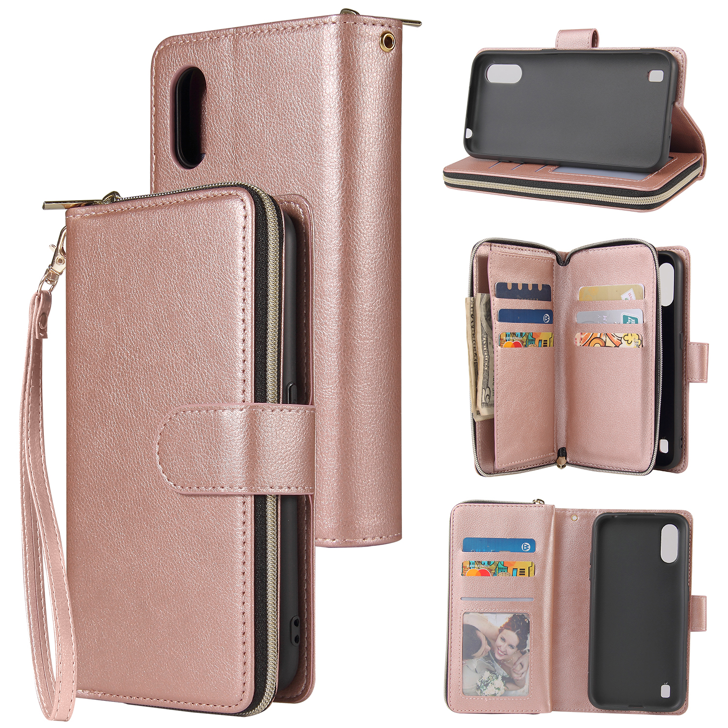 For Samsung A01/A21/A31/A41/A51 Pu Leather Mobile Phone Cover Zipper Card Bag + Wrist Strap Rose gold