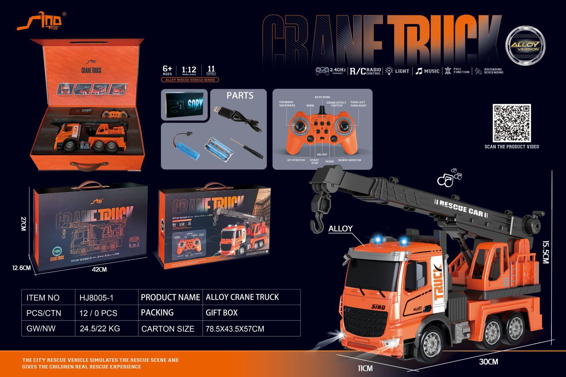 1: 12 2.4G RC Excavator Crane Car Models Alloy Engineering Vehicle with Music Light