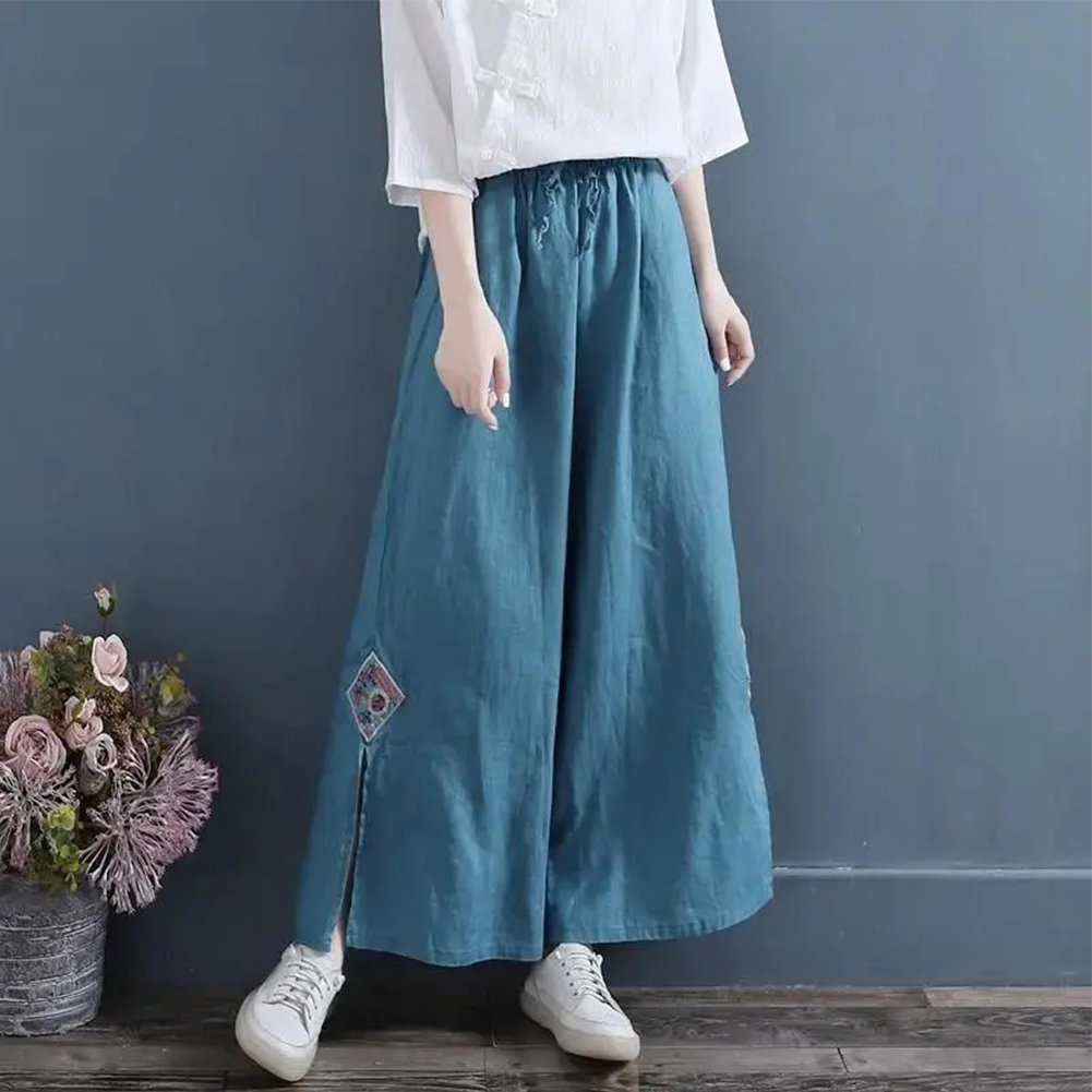 Women Retro Embroidery Wide-leg Pants Cotton Linen High Waist Solid Color Slit Casual Large Size Trousers blue L