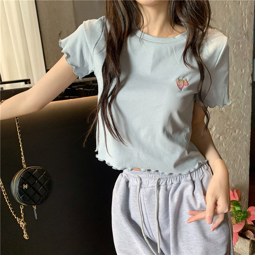 Women Short Sleeves Blouse Trendy Round Neck Sweet Embroidered Ruffled T-shirt Sexy Slim Fit Crop Tops fog blue XXL