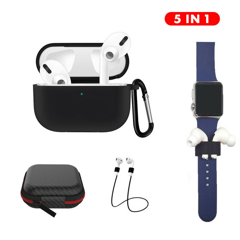 Earphone Protective Case for AirPods Pro Soft Silicone Cover+Carabiner+Anti-lost Strap+Wrist Holder+Storage Bag Black