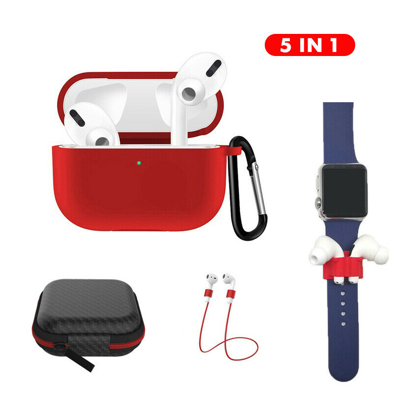 Earphone Protective Case for AirPods Pro Soft Silicone Cover+Carabiner+Anti-lost Strap+Wrist Holder+Storage Bag Red