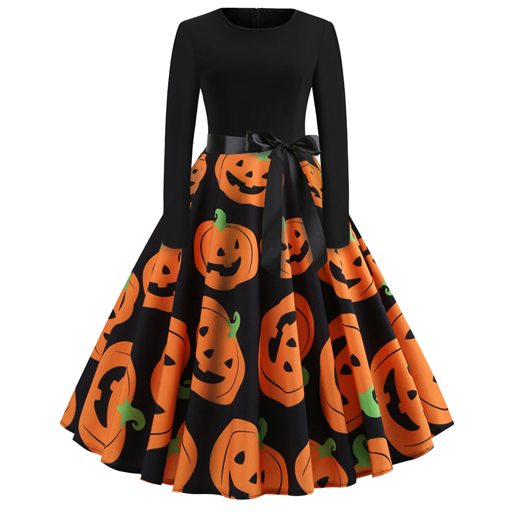 Wholesale Halloween Pumpkin Print Dress with Long Sleeves and Belt ...