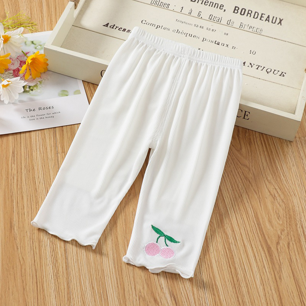 Toddlers Leggings Kids Girls Cropped Pants Solid Color Elastic Waist Belt Summer Outerwear Bottoms Pants cherry white 2-3Y 90cm