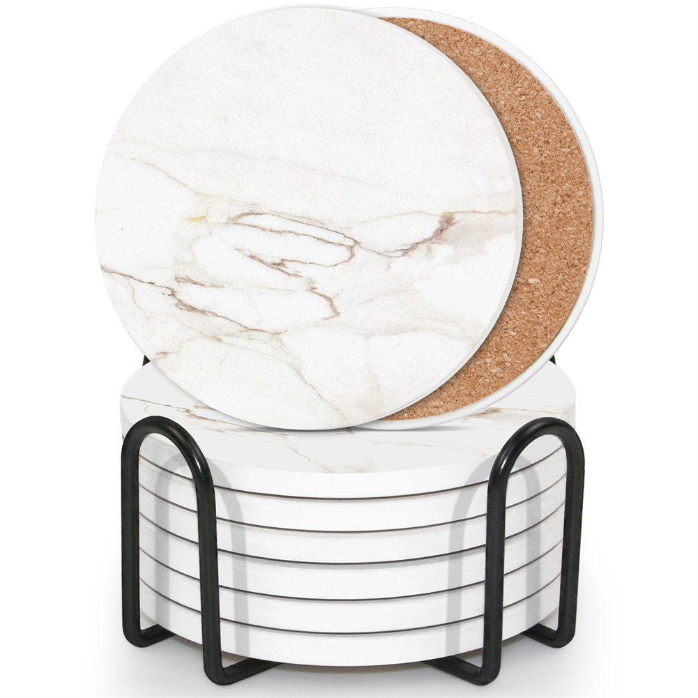 [US Direct] 6pcs Round Ceramic Coaster With Holder Super Absorbent Non Slip Coasters Set (marble) White