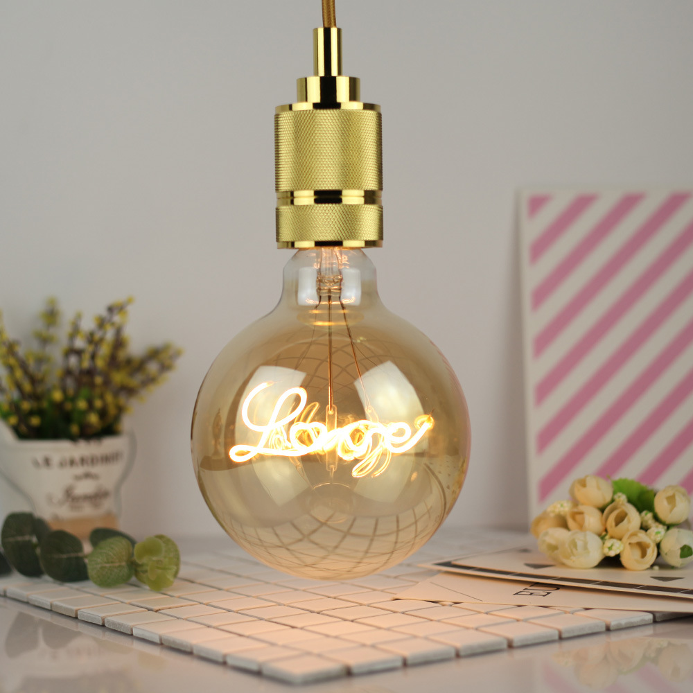 LED Warm Yellow Light Edison Bulb E27 Round Love Letter Lamp Home Decoration