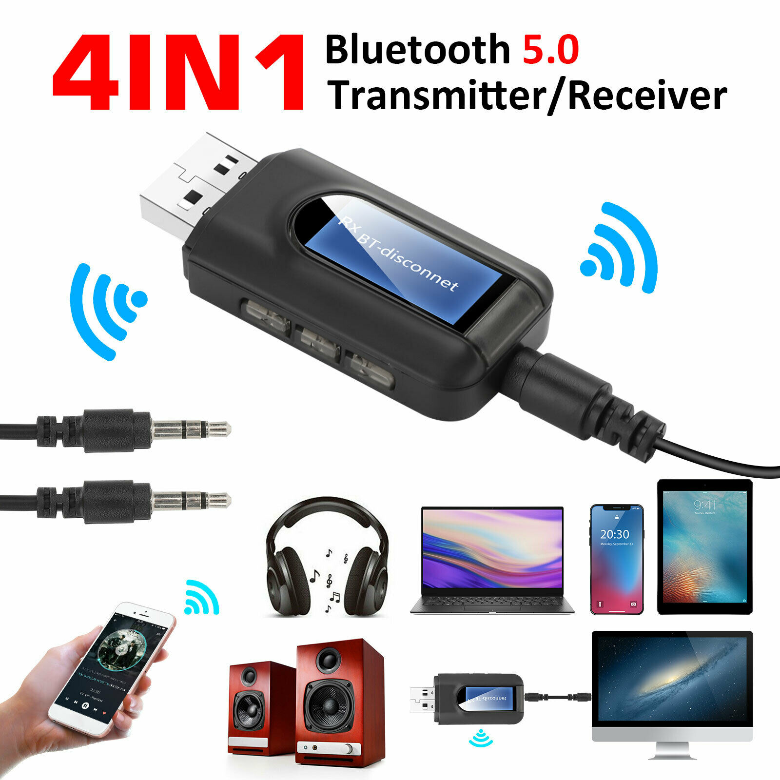 Bluetooth 5.0 Adapter USB Transmitter and Receiver with LCD Screen black
