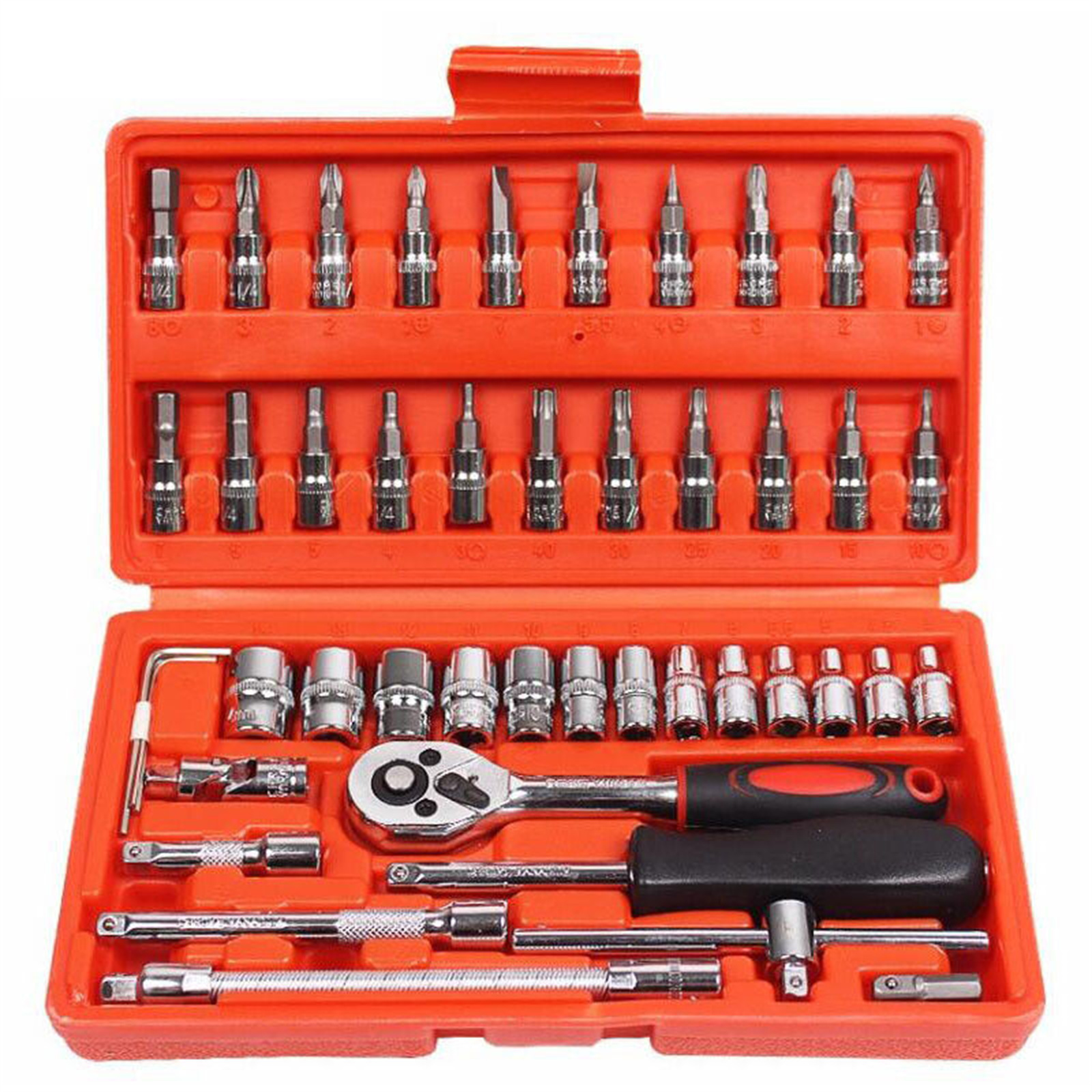 46 -Piece 1/4-inch Screwdriver Drive Socket Bit Set Metric Ratchet Wrench Tools Kit For Automotive Repairing Household 46pcs/set red box