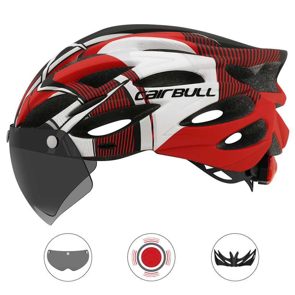 Cairbull Helmet Ultralight Off-road Mountain Bike Cycling Helmet with Removable Visor Taillight Black red_M / L (54-61CM)